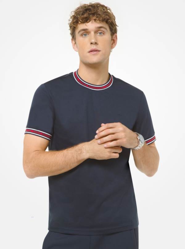 Panske Tricko Michael Kors Logo Tape Cotton Indigo - Oblecenie Michael Kors Vypredaj | SHPNT-6583